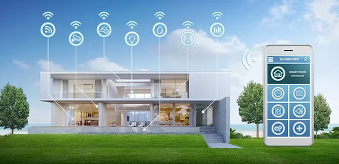 Modern house with a smartphone showing smart home controls and connected icons