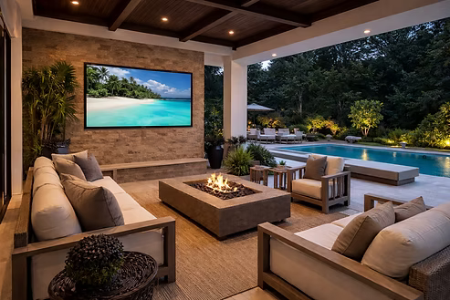 Outdoor lounge with a fire table, sofas and a wall-mounted TV beside a pool