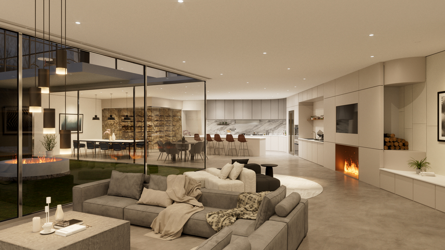Open-plan modern living room, kitchen and dining area with a fireplace and glass walls