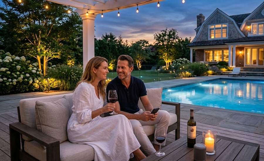 Couple relaxing with wine on a patio sofa beside a pool at dusk