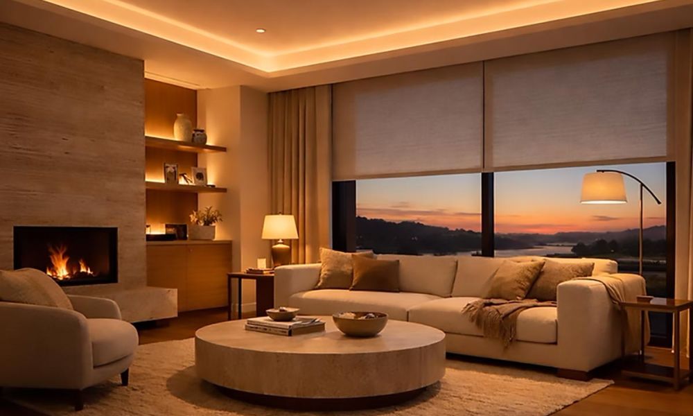 <span class="uk-h4">Cozy living room with a fireplace and sofa facing windows at sunset</span>