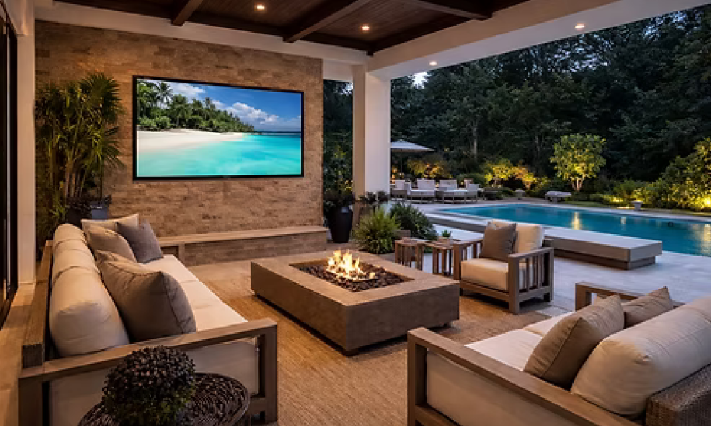 <span class="uk-h4">Outdoor lounge with a fire table, sofas and a wall-mounted TV beside a pool</span>