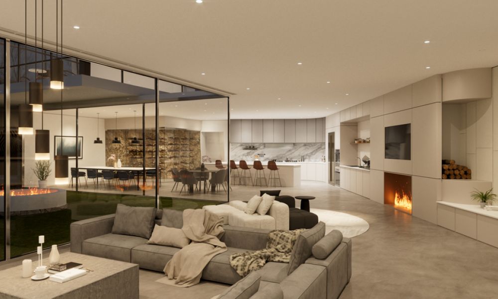 <span class="uk-h4">Open-plan modern living room, kitchen and dining area with a fireplace and glass walls</span>
