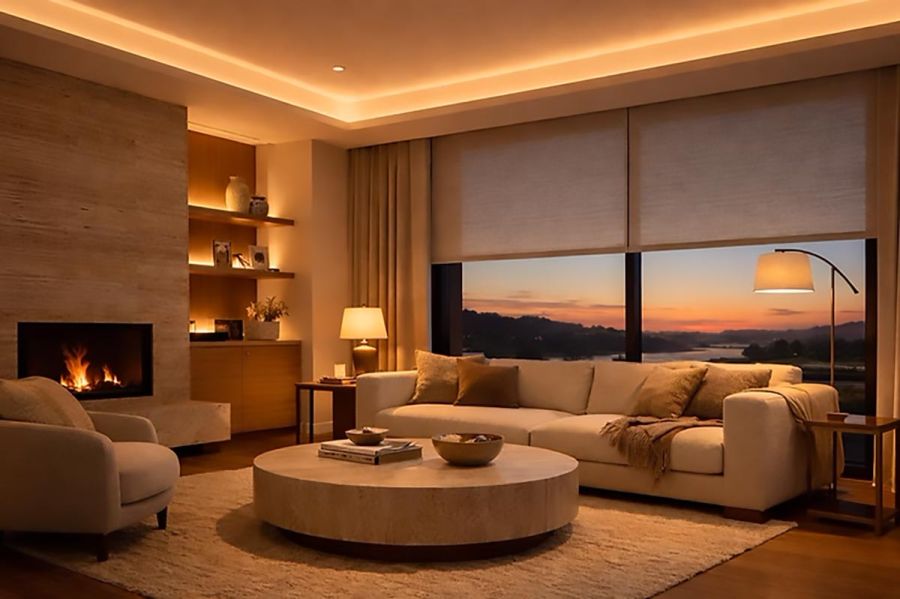 Cozy living room with a fireplace and sofa facing windows at sunset