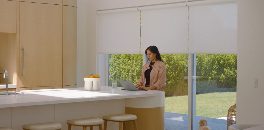 Woman working on a laptop at a kitchen counter with shades open to a garden view