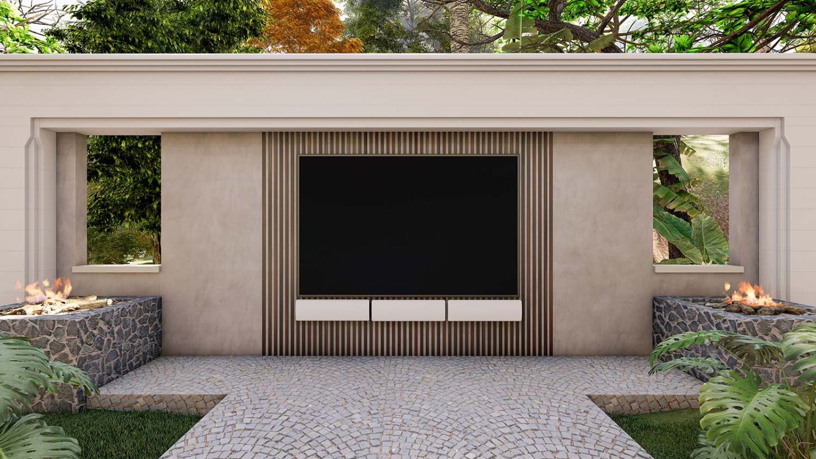 A stylish outdoor living space with a modern fireplace, mounted TV displaying a scenic landscape, comfortable seating, and a dining table with fresh fruit, all under a wood-paneled ceiling.