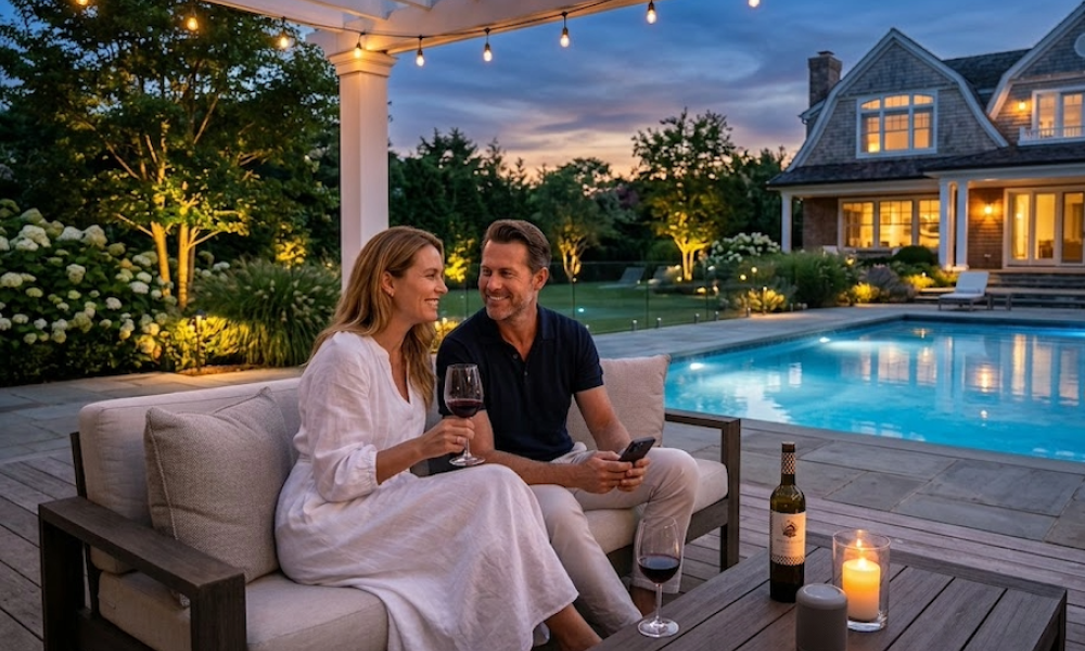 <span class="uk-h4">Couple relaxing with wine on a patio sofa beside a pool at dusk</span>